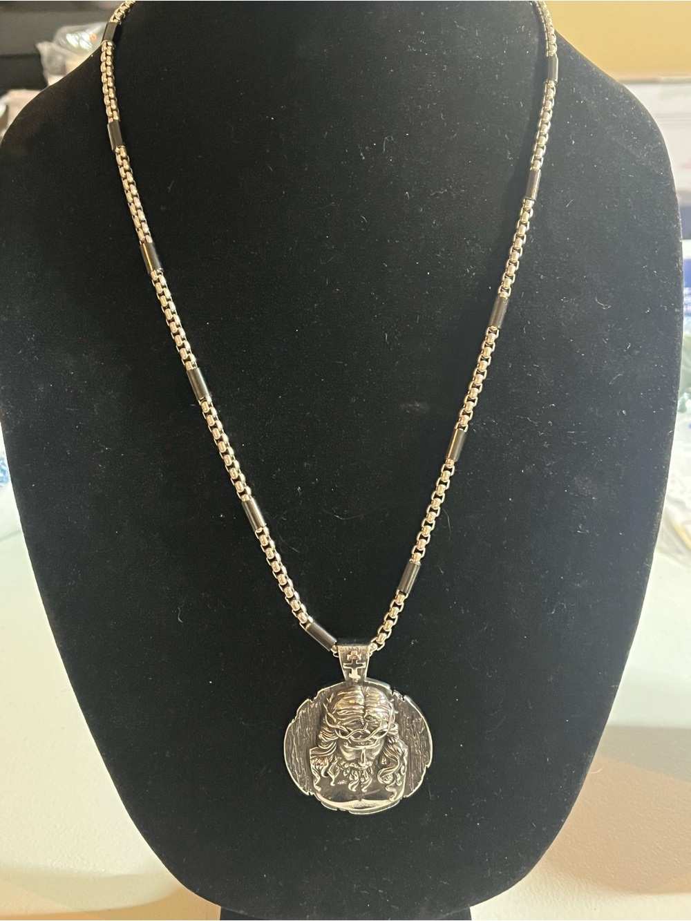 Stainless Steel, Silver Tone Jesus Medallion Pendant with Rollo Chain